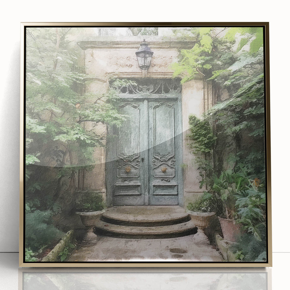 Mid-century modernist acrylic print of a French door architecture in gold tones, ideal for modern art wall decor.