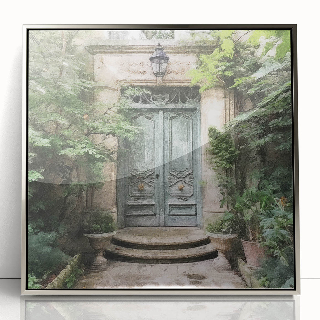 Mid-century modernist art depicting a French door architecture in silver framed acrylic, suitable for modern art wall decor.