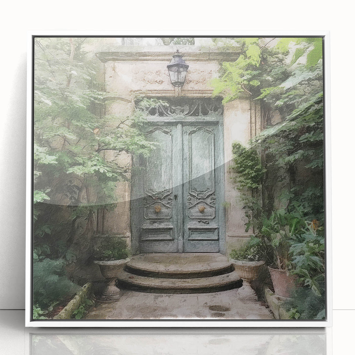 Art Deco style poster featuring a minimalist French door design in black and white, ideal for modern nursery wall art.