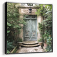 Black and white photo of a vintage French door on framed canvas, ideal for bedroom wall decor.