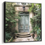 Black and white photo of a vintage French door on framed canvas, ideal for bedroom wall decor.