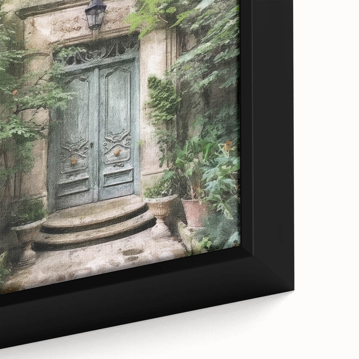 Extra large black wall art of a textured French door design in colorful tones on framed canvas, ideal for living room decor.