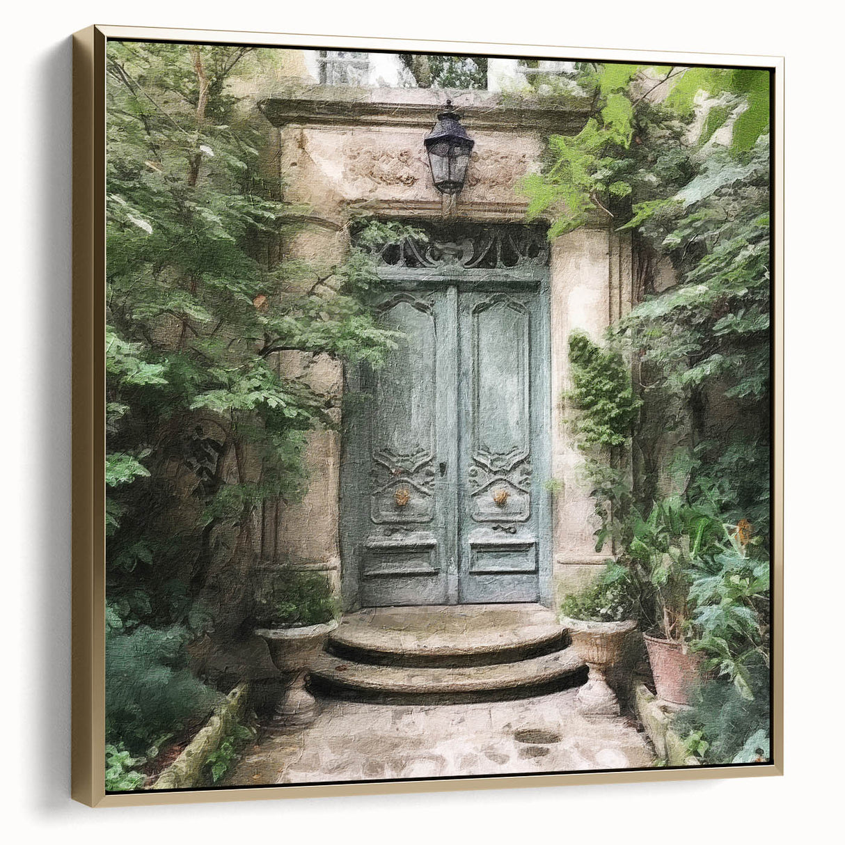 Framed canvas featuring a vintage poster of a French door architecture in black with silver and gold accents.