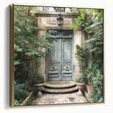 Framed canvas featuring a vintage poster of a French door architecture in black with silver and gold accents.