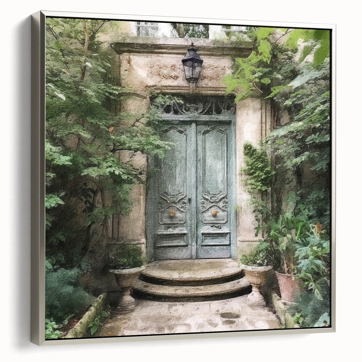 Framed canvas featuring a vintage poster of a French door in black with colorful accents.