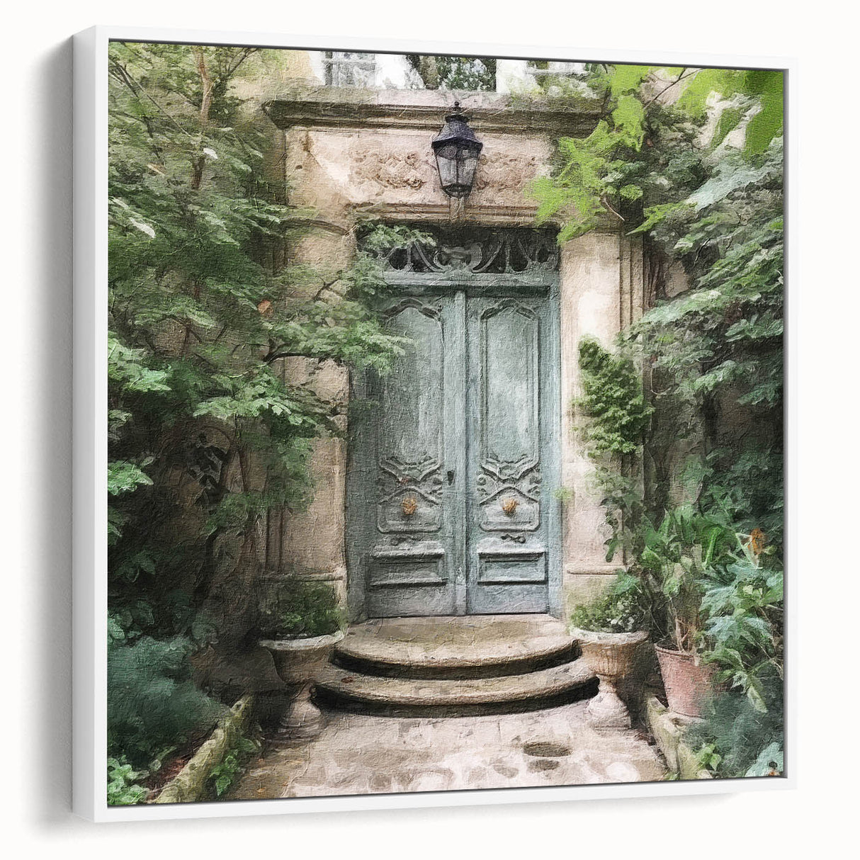 Vintage poster art of a French door design on framed canvas, featuring black and vibrant multicolor.