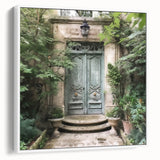 Vintage poster art of a French door design on framed canvas, featuring black and vibrant multicolor.