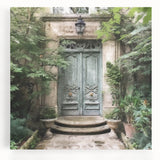 Large black and white photo of a French door design on stretched canvas, ideal for kitchen wall art.
