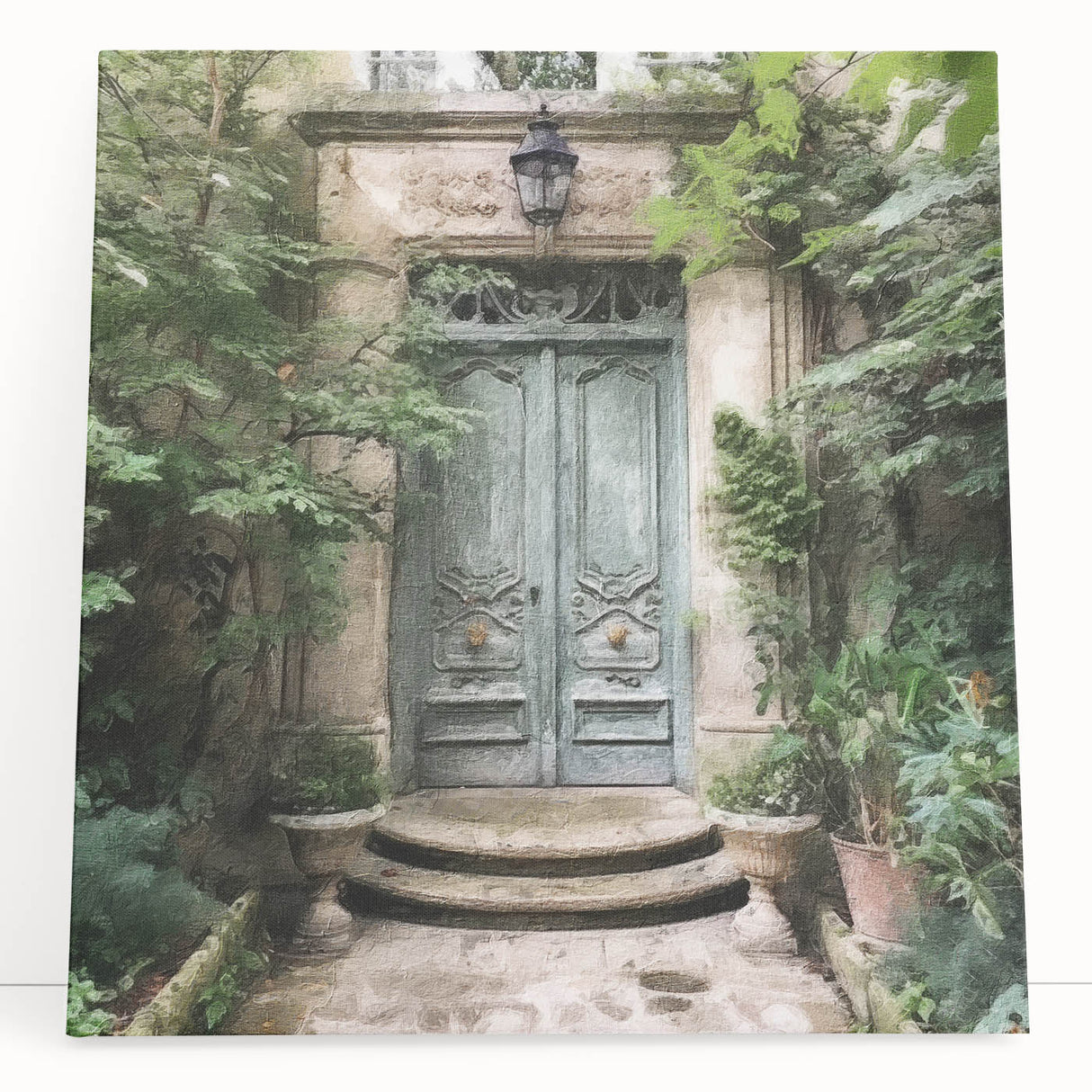 Black and white photo of an ornate French door on stretched canvas, ideal for kitchen or bedroom wall art.