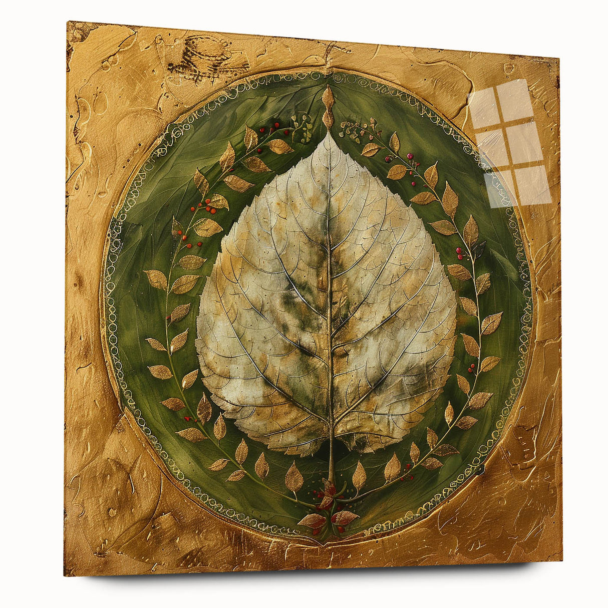 Acrylic glass wall art showcasing a vibrant floral and botanical design with green leaves on a transparent background, highlighting its modern aesthetic and elegant side view. Ideal for home decor enthusiasts seeking unique and eye-catching artwork.