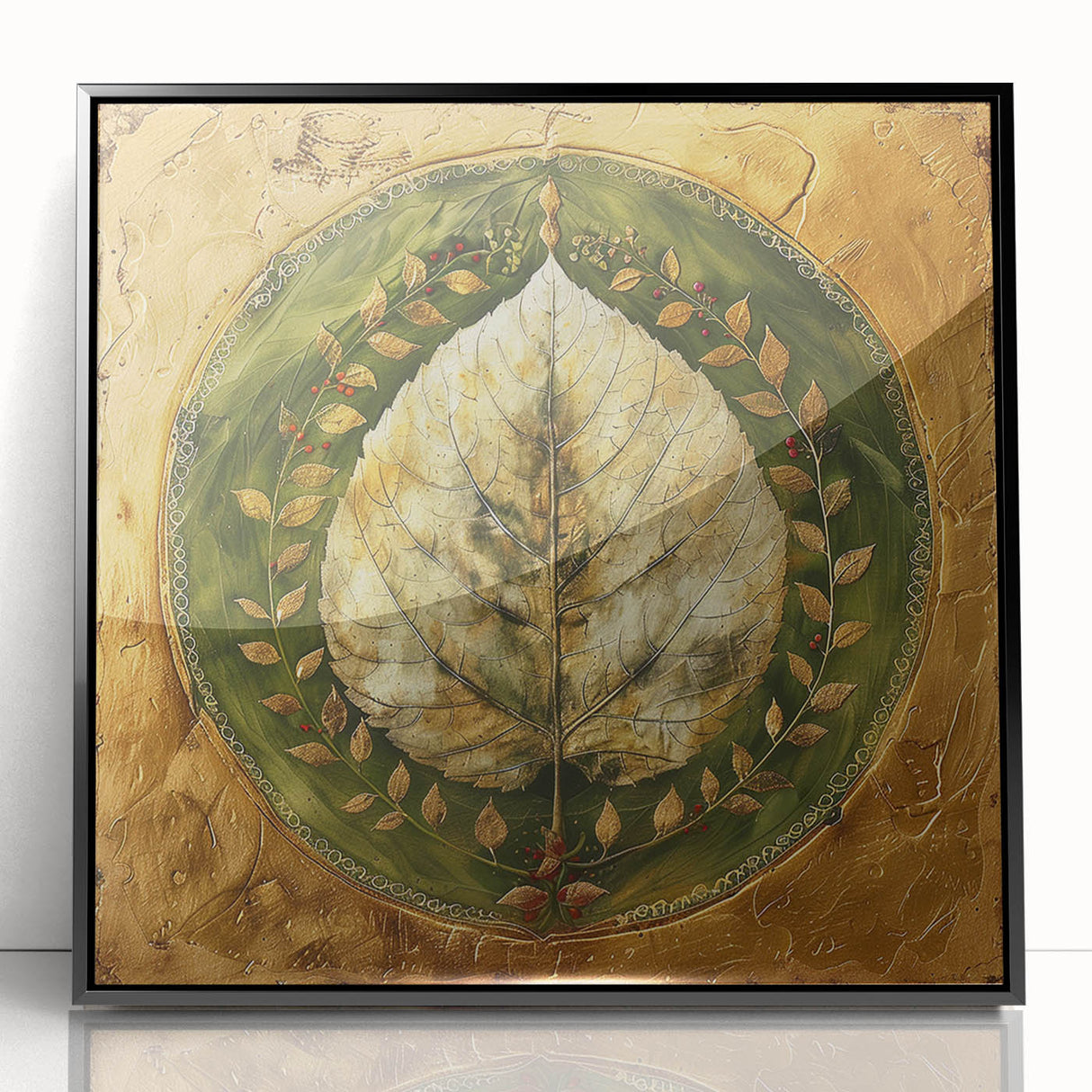 Framed wall art depicting a vibrant floral design with intricate leaves, featuring a black acrylic frame, perfect for enhancing modern home decor.