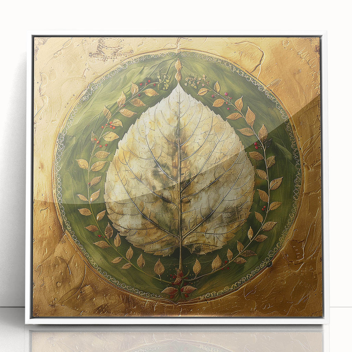 Framed wall art featuring a vibrant floral and botanical design with green leaves and colorful flowers, showcased in a sleek white frame, ideal for home decor.