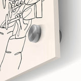 Large abstract wall art in mid-century modernist style on acrylic glass, featuring vibrant orange and teal hues.