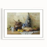 Abstract art print featuring assorted fruits in vibrant colors on a white framed mat, ideal for dining room decor.