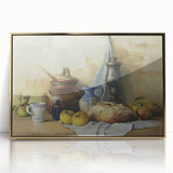 Large art print of assorted fruits in bold colors on a framed acrylic, in a mid-century modernist style.