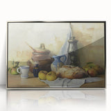 Mid-century modernist art featuring an array of colorful fruits on a silver framed acrylic.