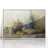 Art Deco poster featuring assorted fruits in bold colors on a white acrylic framed print, suitable for modern kitchen decor.