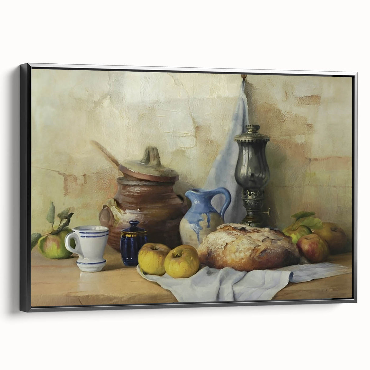 Black and white vintage poster art of assorted fruits on a framed canvas, ideal for bedroom wall decor.