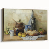 Framed canvas featuring a vintage poster of assorted fruits in a gold frame, ideal for bedroom wall art.