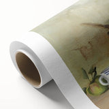 Art deco poster of colorful fruits on a rolled canvas, suitable for nursery wall art or dining room decor.