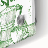 Large abstract dining room art featuring mid-century modernist design in vibrant orange and teal, acrylic print.