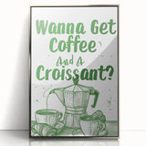 Mid-century modernist art poster featuring geometric shapes in muted tones on silver-framed acrylic.