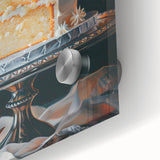 Close-up of large abstract wall art featuring assorted pastries in muted earth tones on acrylic glass.