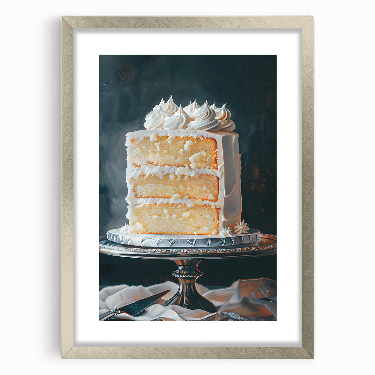 Textured art of abstract pastries in muted beige and brown, framed in silver, ideal for kitchen or dining room decor.