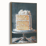 Framed canvas featuring vintage poster art of pastries in muted gold and black, ideal for bedroom wall decor.