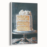 Vintage poster art of colorful pastries on a white framed canvas, ideal for a modern kitchen.