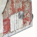 Close-up of a vibrant acrylic glass wall art featuring a rustic barn landscape design, showcasing rich colors and intricate details ideal for home decor.