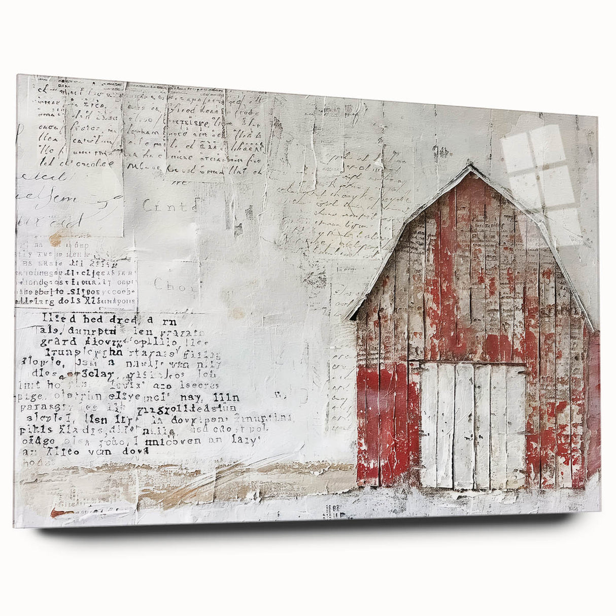 Acrylic glass wall art displaying a serene landscape of a barn surrounded by lush greenery, showcasing vibrant colors and a modern design, perfect for home decor.