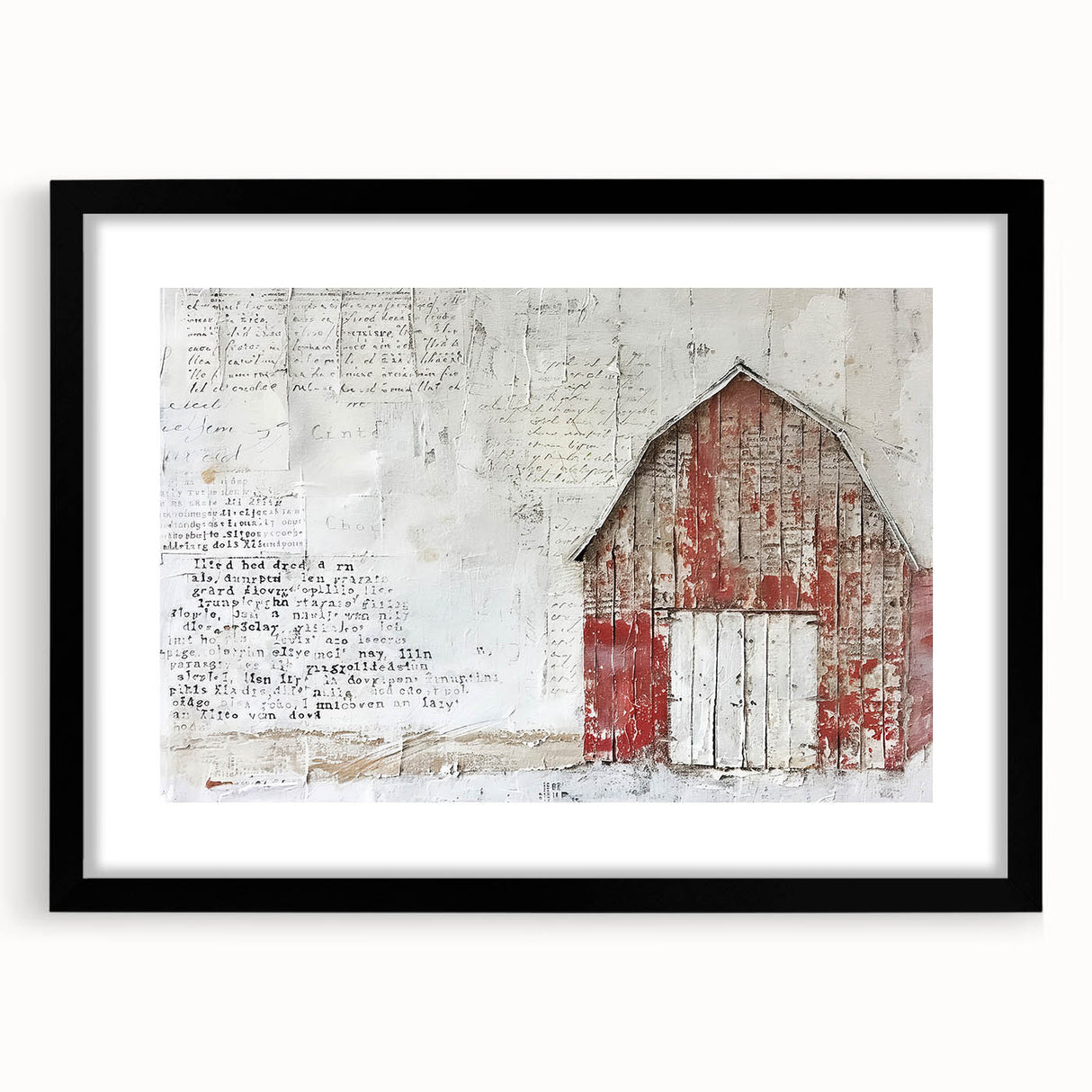Black-framed landscape barn wall art with a mat, showcasing a serene rural scene, perfect for home decor and enhancing interior aesthetics.