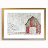 Elegant landscape barn wall art framed with a gold mat, showcasing rustic charm and vibrant colors, perfect for enhancing home decor in farmhouse aesthetics.