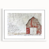 Landscape barn wall art framed with a white mat, showcasing a rustic design that adds charm to home decor, perfect for country-themed interiors or farmhouse aesthetics.