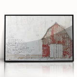 Framed black acrylic wall art showcasing a serene landscape with a rustic barn, perfect for home decor. The artwork enhances any living space with its tranquil charm.
