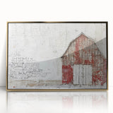Framed acrylic wall art featuring a scenic landscape of a rustic barn, accentuated with gold details, ideal for enhancing home decor with a touch of elegance.