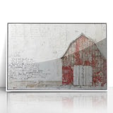 Framed acrylic wall art depicting a serene landscape scene with a rustic barn, set against a blue sky, perfect for enhancing home decor and creating a calming ambiance.