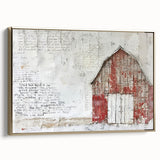 Framed landscape barn wall art on a gold background, showcasing rustic charm and elegance. Ideal for home decor, this canvas piece enhances any room's ambiance.