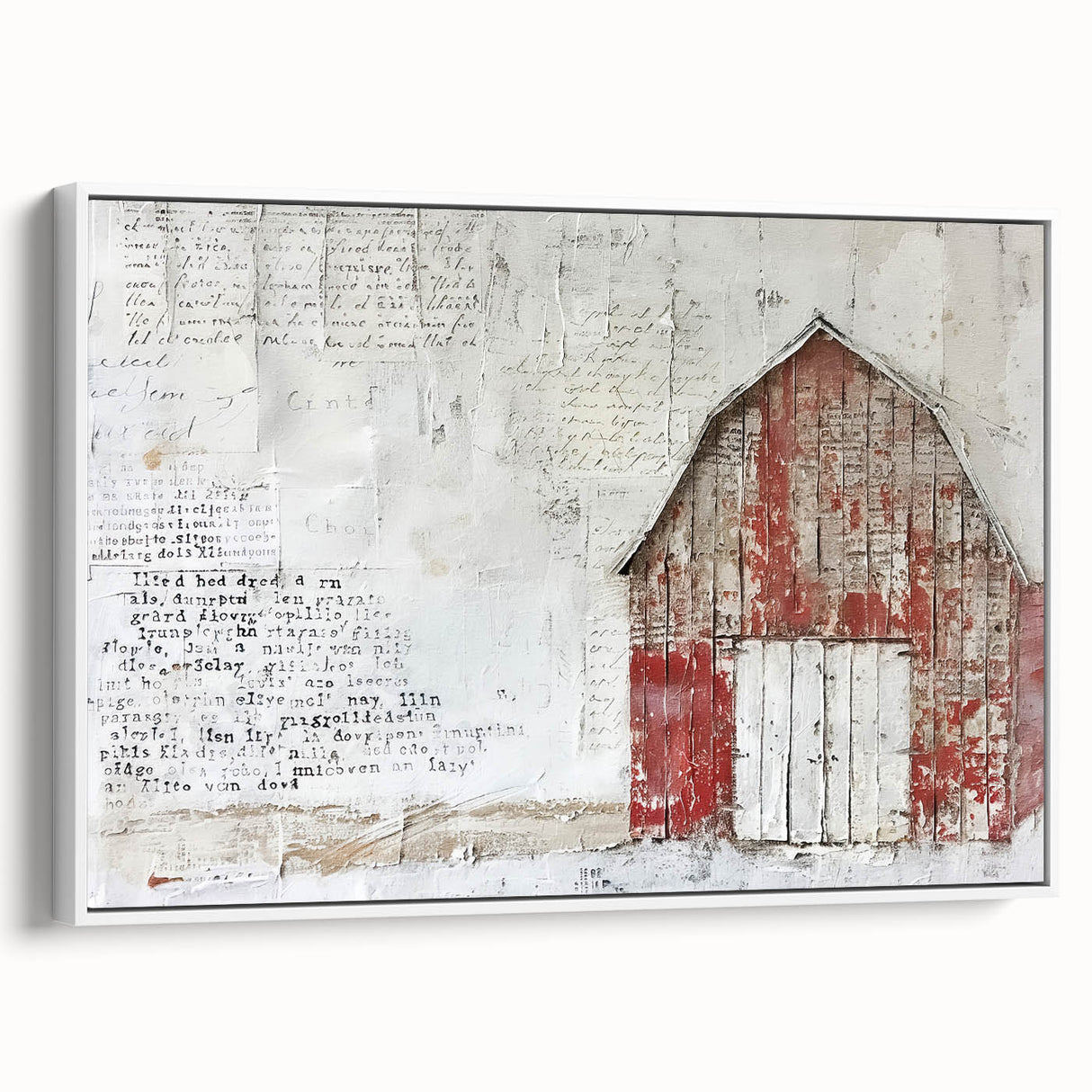 Framed canvas wall art depicting a serene landscape with a rustic barn, showcasing earthy tones and textures, perfect for enhancing home decor.