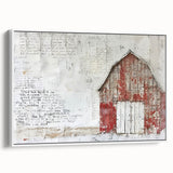 Framed canvas wall art depicting a serene landscape with a rustic barn, showcasing earthy tones and textures, perfect for enhancing home decor.