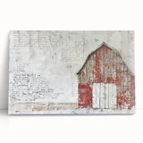 Stretched canvas wall art depicting a serene landscape scene with a rustic barn, showcasing vibrant colors and intricate details, perfect for home decoration.