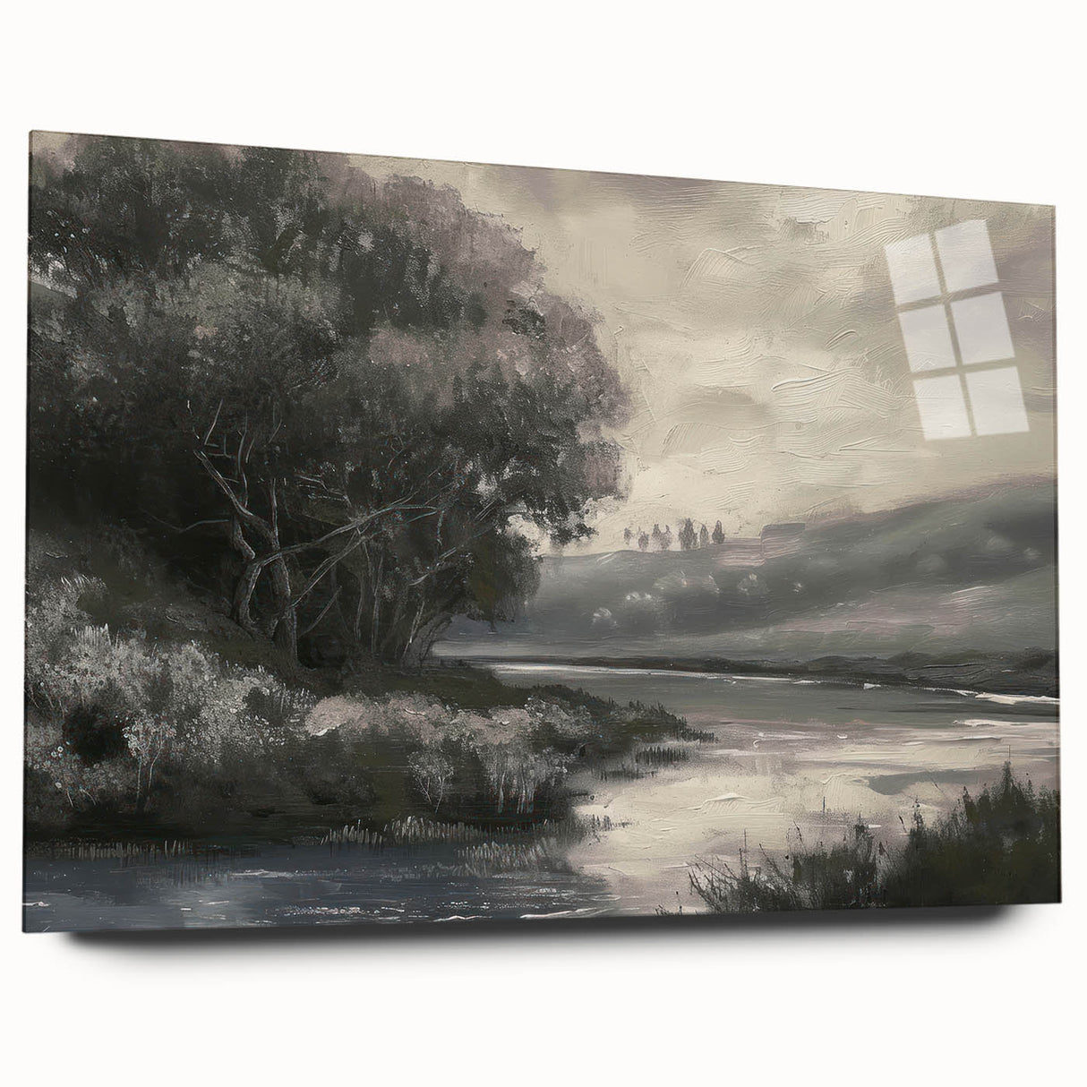 Acrylic glass landscape artwork displayed from a side view, showcasing vibrant colors and intricate details, perfect for modern home decor and artistry enthusiasts.