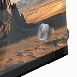 Close-up of a vibrant acrylic glass artwork depicting a desert landscape, showcasing rich colors and intricate textures, perfect for modern home decor.