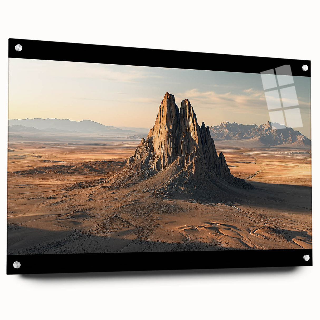 Desert landscape acrylic glass artwork displaying vibrant colors and intricate details, mounted in a sleek frame with pins, ideal for modern home decor.