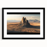 Black framed landscape artwork featuring a desert scene with warm tones, elegantly matted for a sophisticated look, ideal for modern home decor.
