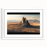 Framed landscape artwork depicting a serene desert scene with warm tones and a white mat, showcasing intricate details and textures, ideal for home decor.