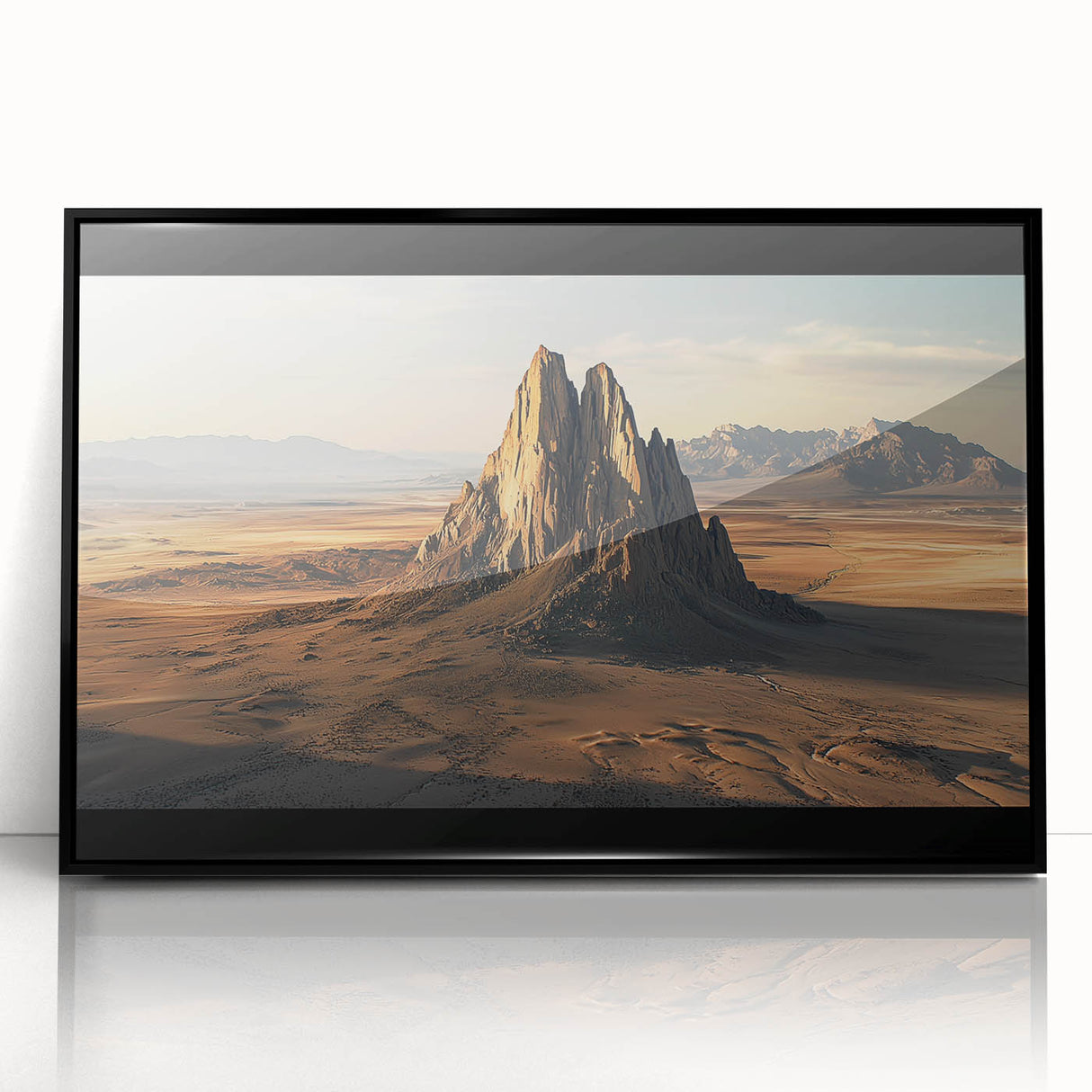 Framed acrylic artwork showcasing a stunning desert landscape, with vibrant colors and intricate details, set in a sleek black frame, ideal for home decor.