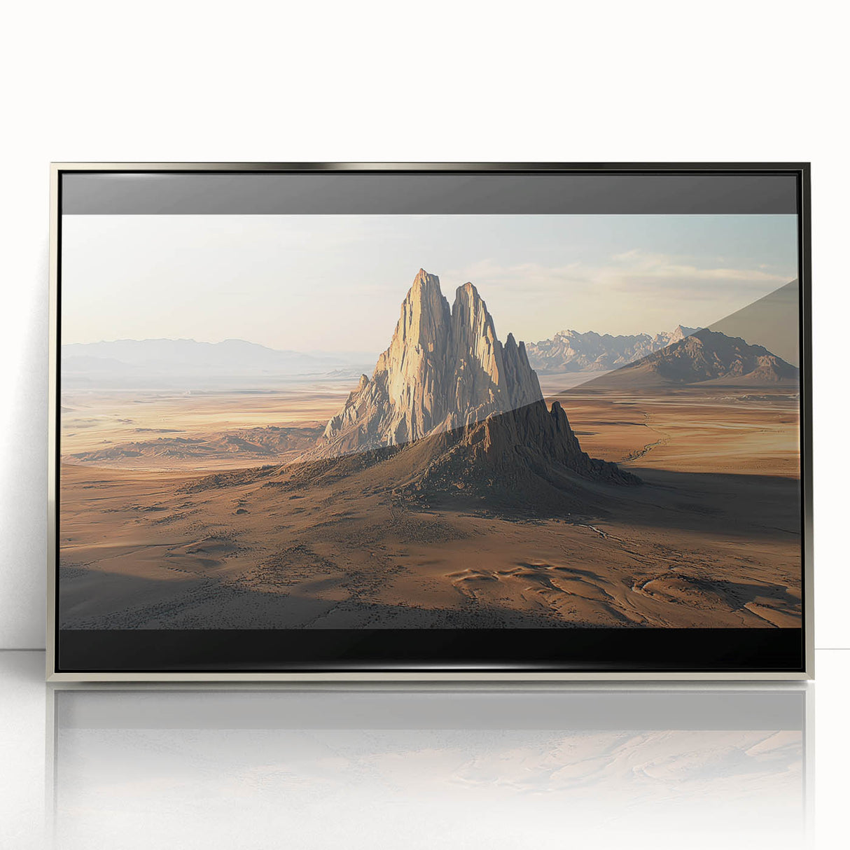Framed acrylic artwork showcasing a vibrant desert landscape with warm tones of orange and gold, perfect for home decor. Ideal for nature enthusiasts and art collectors.