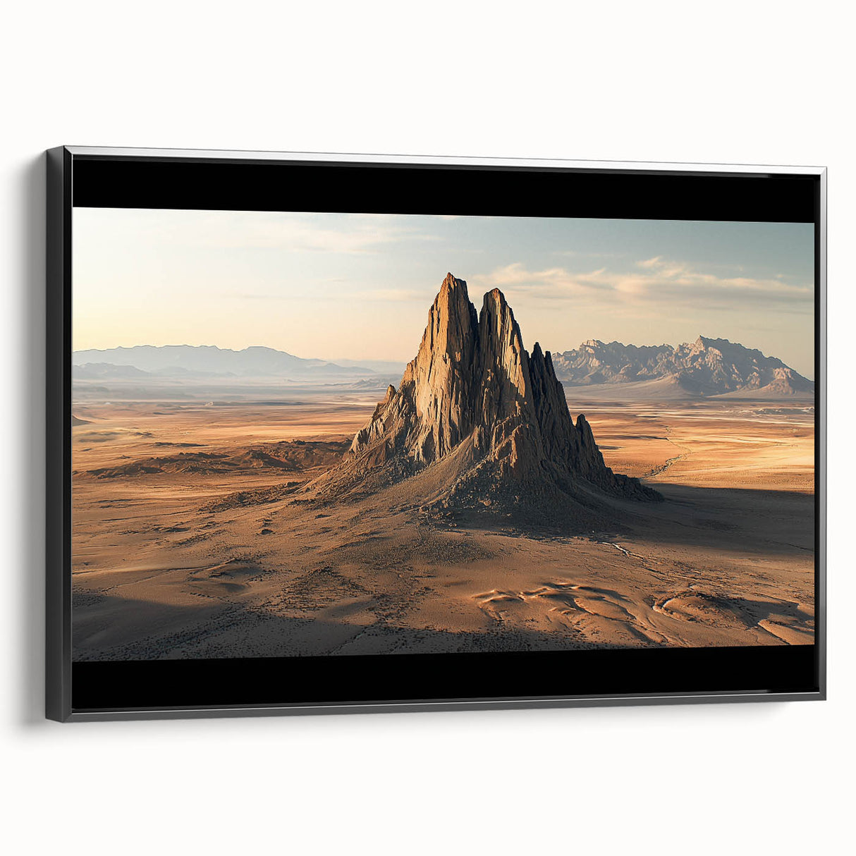 Framed canvas artwork depicting a desert landscape with warm hues of orange and yellow, showcasing a serene sunset view against a black frame. Perfect for home decor.